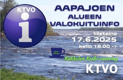 Aapajoen alueen valokuituinfo pidetään Kukkolan Koski-cateringissa (https://www.facebook.com/kukkolankoski/)

tiistaina 17.6.2025 kello 18.00 ->.

TERVETULOA! Kahvitarjoilu.
